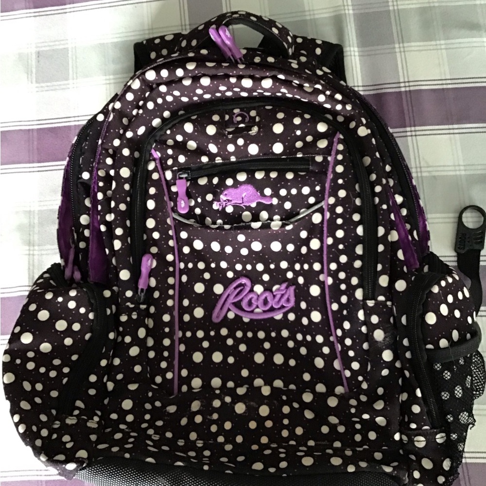 Roots Black and Purple Polka Dot Backpack